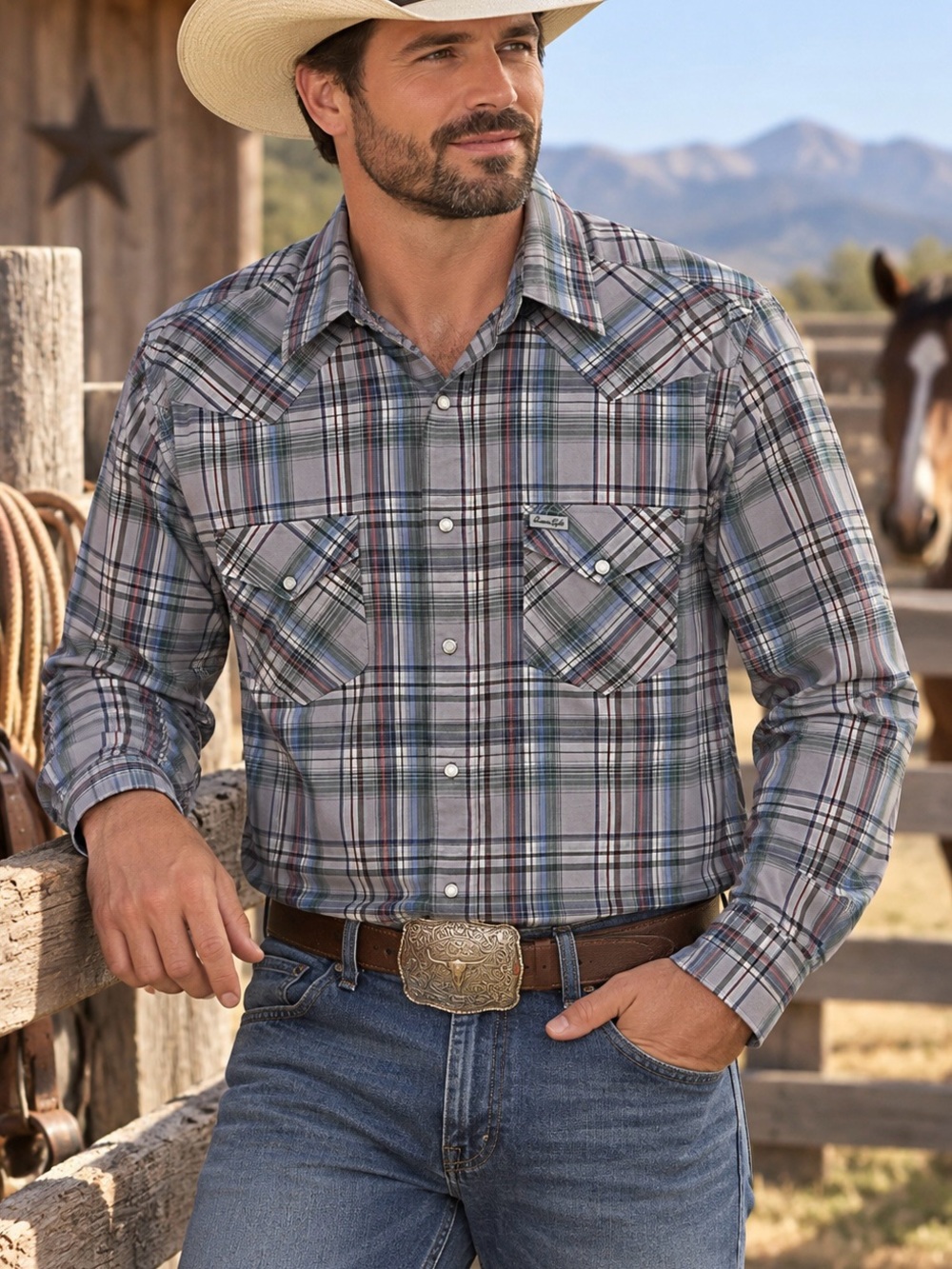 American Eagle Outfitters Vintage Slim Fit Western Plaid Pearl Snap Shirt L